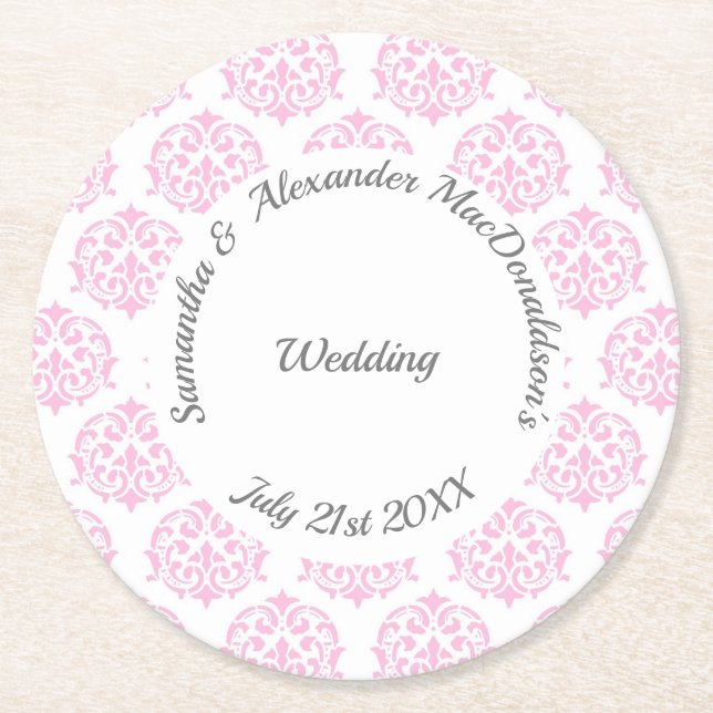 Dessous-de-verre Rond En Papier Mariage damassé rose pastel (Devant)