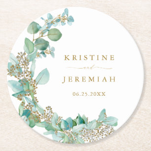 Dessous-de-verre Rond En Papier Mariage d'aquarelle Eucalyptus de script or modern