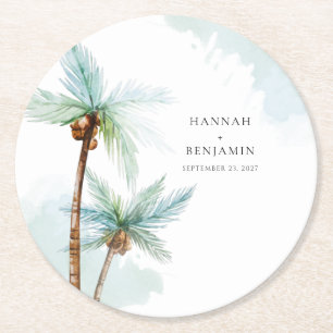 Dessous-de-verre Rond En Papier Mariage d'aquarelle Tropical Beach Palm Tree