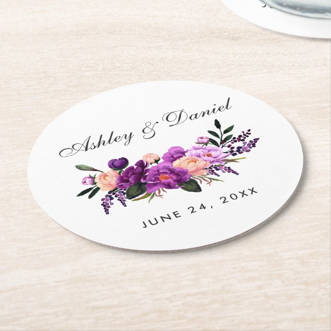 Dessous-de-verre Rond En Papier Mariage d'aquarelle violet ultra violet (Incliné)