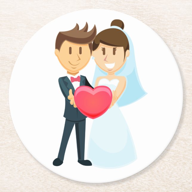 Dessous-de-verre Rond En Papier Mariage de Cartoon Bride & Groom Red Heart (Devant)