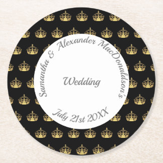 Dessous-de-verre Rond En Papier Mariage de couronne noir et or
