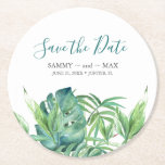 Dessous-de-verre Rond En Papier Mariage de destination tropicale Enregistrer la da<br><div class="desc">Donnez le ton à votre mariage boho tropical avec ces dessous de verre de date de sauvegarde élégante, avec la calligraphie script qui imite le lettrage manuel élégant. Ce design moderne présente une réplique de mon oeuvre d'aquarelle d'origine, avec des feuilles de palmier vert luxuriant et des feuilles de monstère,...</div>