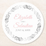 Dessous-de-verre Rond En Papier Mariage de fibres florales rose et gris<br><div class="desc">Ces dessous de verre mariages sont conçus pour être coordonnés avec notre suite de mariage rose et gris élégant. Ils présentent du texte rose et gris sur un arrière - plan blanc avec une bordure florale en faux feuille d'argent. Il y a un endroit pour entrer les noms du couple...</div>