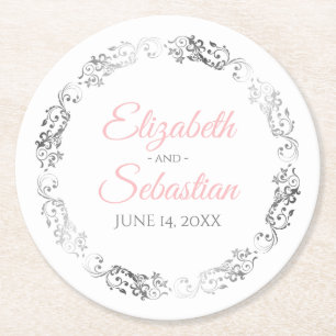 Dessous-de-verre Rond En Papier Mariage de fibres florales rose et gris