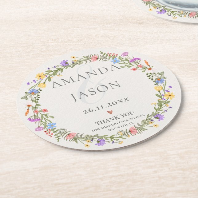 Dessous-de-verre Rond En Papier Mariage de Fleur sauvage de germe jaune violet (Incliné)