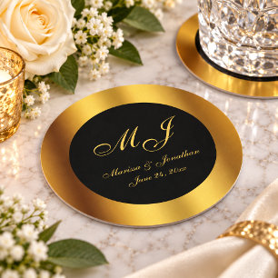 Dessous-de-verre Rond En Papier Mariage de luxe avec bordure de calligraphie en or