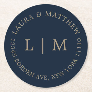 Dessous-de-verre Rond En Papier Mariage de monogramme bleu marine
