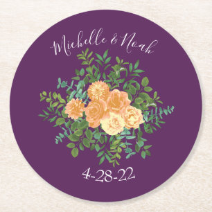 Dessous-de-verre Rond En Papier Mariage de pêche violet Roses floraux