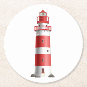 Dessous-de-verre Rond En Papier Mariage de plage phare nautique océan été rouge