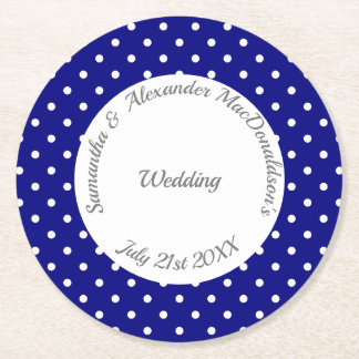 Dessous-de-verre Rond En Papier Mariage de polkadot bleu et blanc rétro