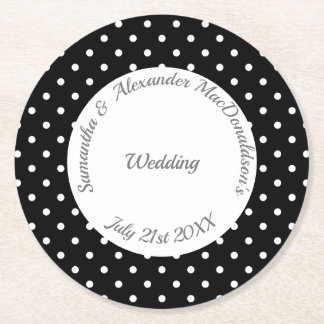 Dessous-de-verre Rond En Papier Mariage de polkadot noir et blanc rétro
