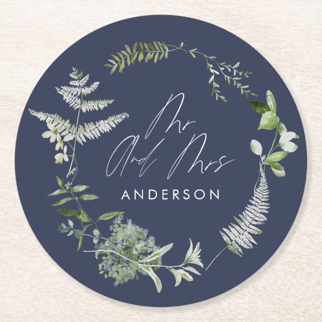 Dessous-de-verre Rond En Papier Mariage de script botanique moderne bleu marine (Devant)