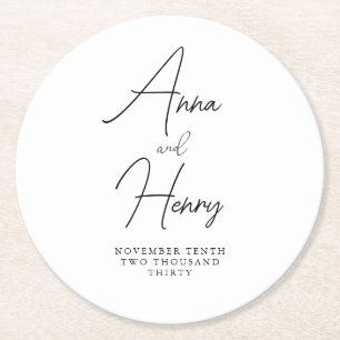 Dessous-de-verre Rond En Papier Mariage de script noir et blanc minimaliste modern