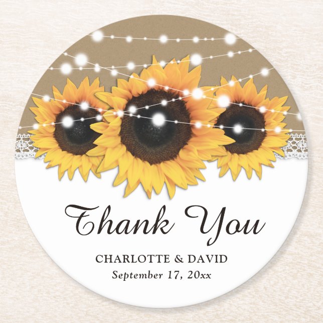 Dessous-de-verre Rond En Papier Mariage de tournesol en dentelle papier Kraft (Devant)