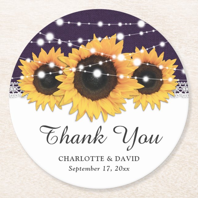 Dessous-de-verre Rond En Papier Mariage de tournesol Russe violet Burlap (Devant)