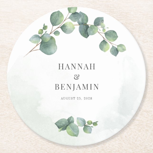 Dessous-de-verre Rond En Papier Mariage de verdure florale Eucalyptus (Devant)