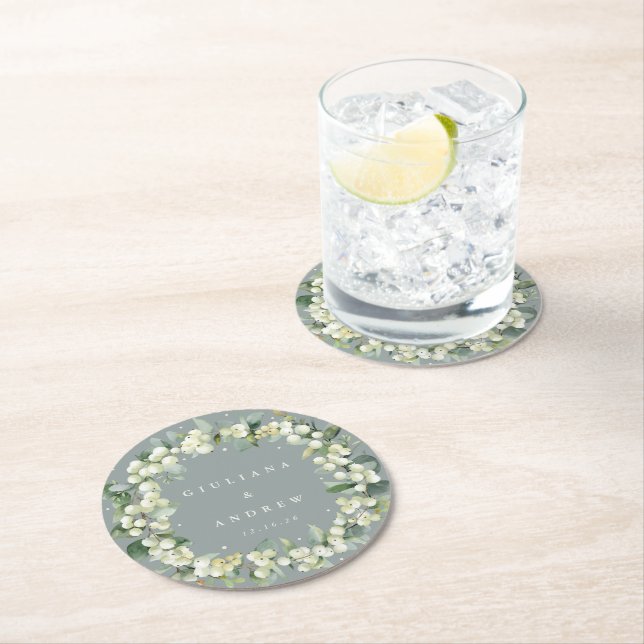 Dessous-de-verre Rond En Papier Mariage d'hiver Seafoam Green Snowberry+Eucalyptus (En situation)