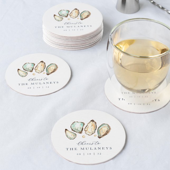 Dessous-de-verre Rond En Papier Mariage d'huîtres d'aquarelle côtière (Coastal oyster wedding coasters)