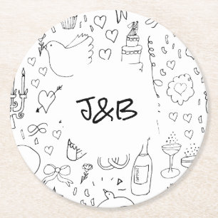 Dessous-de-verre Rond En Papier Mariage d'illustrations de Doodle en noir et blanc