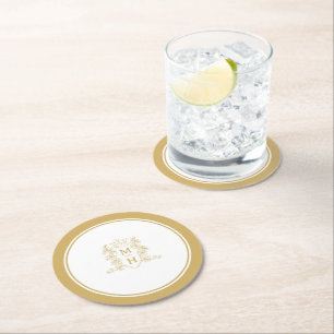 Dessous-de-verre Rond En Papier Mariage d'or de la crête de coeur du monogramme