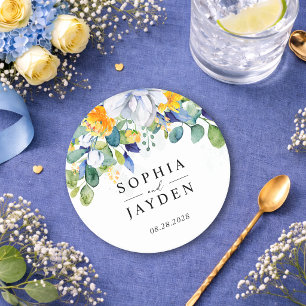 Dessous-de-verre Rond En Papier Mariage élégant à l'aquarelle jaune et bleu à moti