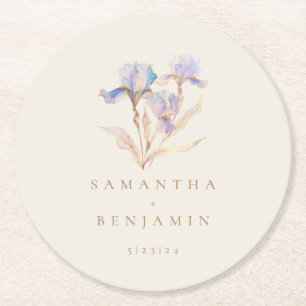 Dessous-de-verre Rond En Papier Mariage Élégant à l'Iris Floral Aquarelle