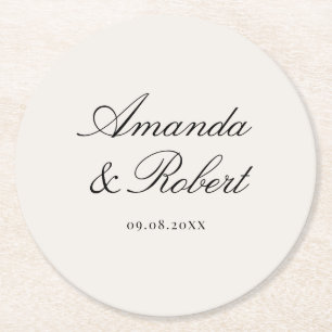 Dessous-de-verre Rond En Papier Mariage Élégant Calligraphie Noir et Ivoire