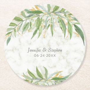 Dessous-de-verre Rond En Papier Mariage élégant de marbre botanique à l'aquarelle