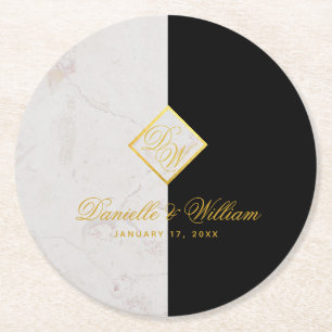 Dessous-de-verre Rond En Papier Mariage élégant Marbre Noir Blanc Monogramme Or