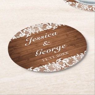 Dessous-de-verre Rond En Papier Mariage en bois rustique et dentelle blanche