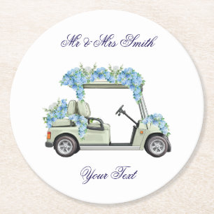 Dessous-de-verre Rond En Papier Mariage en voiturette de golf florale bleue de Nan