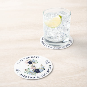 Dessous-de-verre Rond En Papier Mariage ENREGISTRER LA DATE Ancre nautique Floral