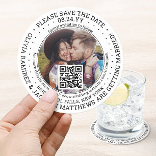 Dessous-de-verre Rond En Papier Mariage Enregistrer la date QR Code & Photo modern