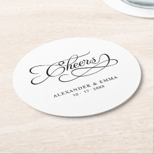 Dessous-de-verre Rond En Papier Mariage Félicitations Calligraphie Élégante Noir &
