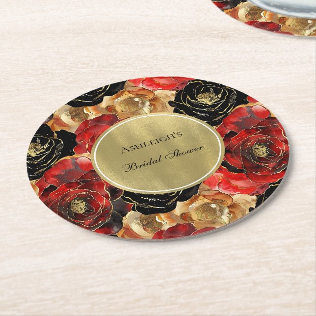 Dessous-de-verre Rond En Papier Mariage Fleur Glam Or Noir Rouge (Incliné)