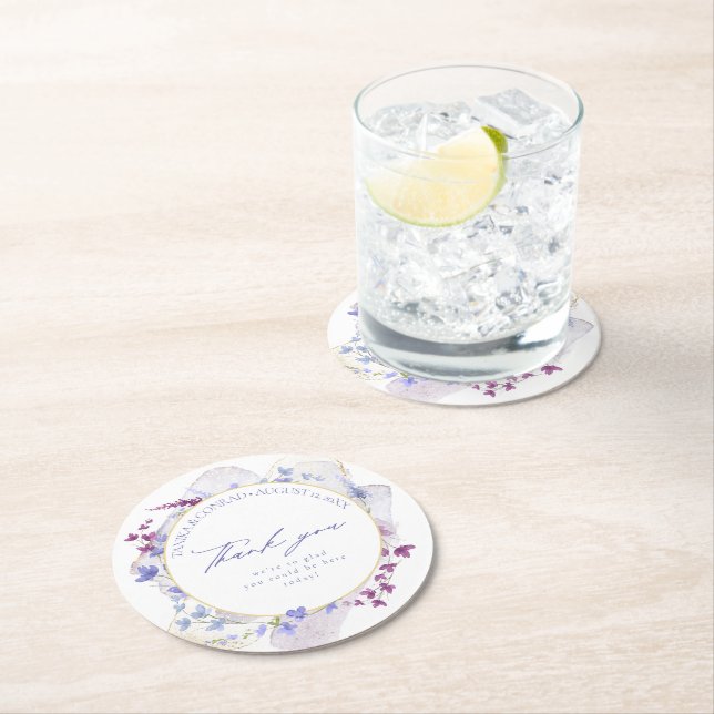 Dessous-de-verre Rond En Papier Mariage fleur sauvage Aquarelle Merci Peri ID954 (En situation)