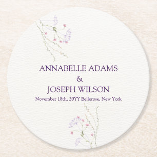 Dessous-de-verre Rond En Papier Mariage fleurs aquarelles minimalistes blanches