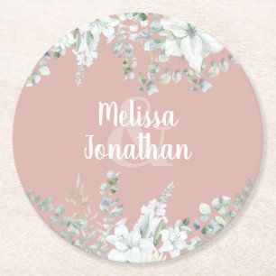 Dessous-de-verre Rond En Papier Mariage fleurs blanches florales aquarelle romanti