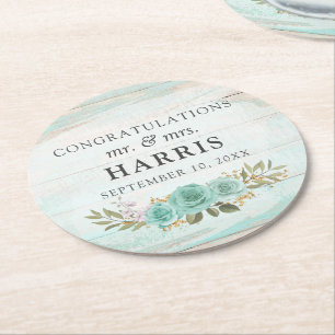 Dessous-de-verre Rond En Papier Mariage Fleurs de Roses en Bois Rustique Turquoise