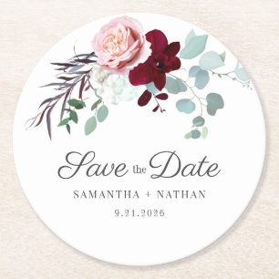 Dessous-de-verre Rond En Papier Mariage Fleurs d'Eucalyptus Rose Enregistrer la Da
