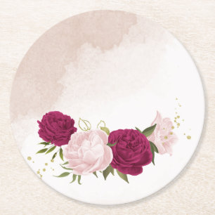 Dessous-de-verre Rond En Papier mariage fleurs magenta et roses verdure