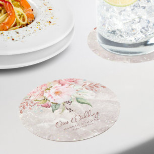 Dessous-de-verre Rond En Papier Mariage Floral au Marbre Rose Élégant Pivoine