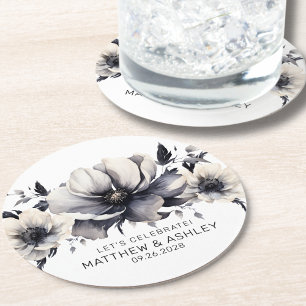 Dessous-de-verre Rond En Papier Mariage Floral Élégant Moderne Noir Blanc