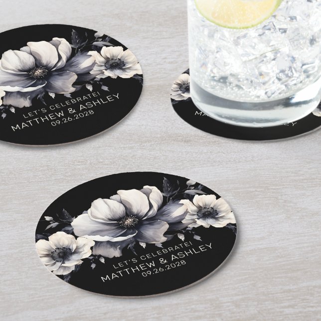 Dessous-de-verre Rond En Papier Mariage floral noir blanc élégant (Black White Floral Wedding Round Paper Coaster)