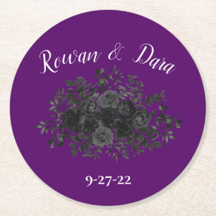 Dessous-de-verre Rond En Papier Mariage floral noir violet gothique