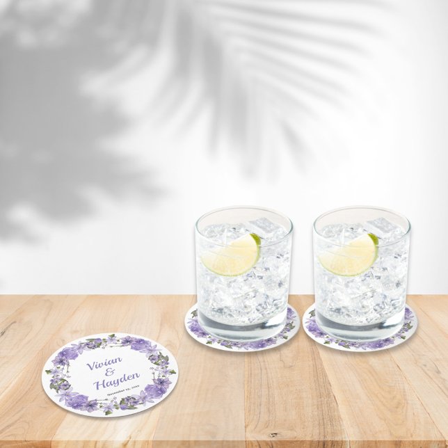 Dessous-de-verre Rond En Papier Mariage Floral pourpre doux (Créateur téléchargé)