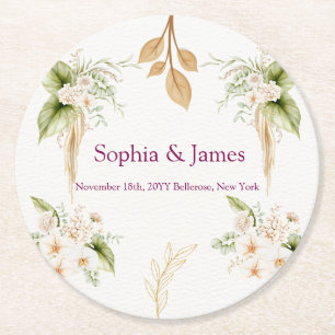 Dessous-de-verre Rond En Papier Mariage géométrique floral doré rose