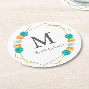 Dessous-de-verre Rond En Papier Mariage géométrique Turquoise orange