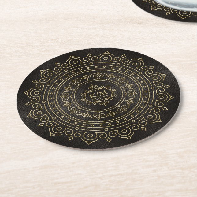 Dessous-de-verre Rond En Papier Mariage Gold Filigree fin Mandala ID871 (Incliné)